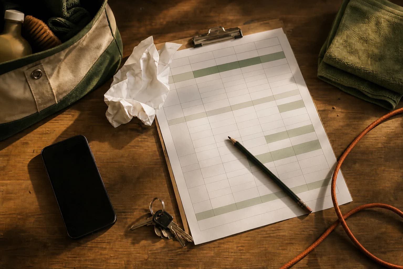 Cleaning supplies, keys, and a printed shift schedule